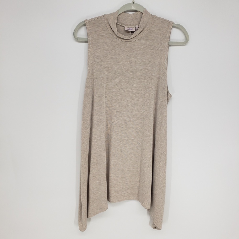 LOGO Tunic Tank Top Women Large Tan Heather Sharkbite Hem Sleeveless Mock Neck